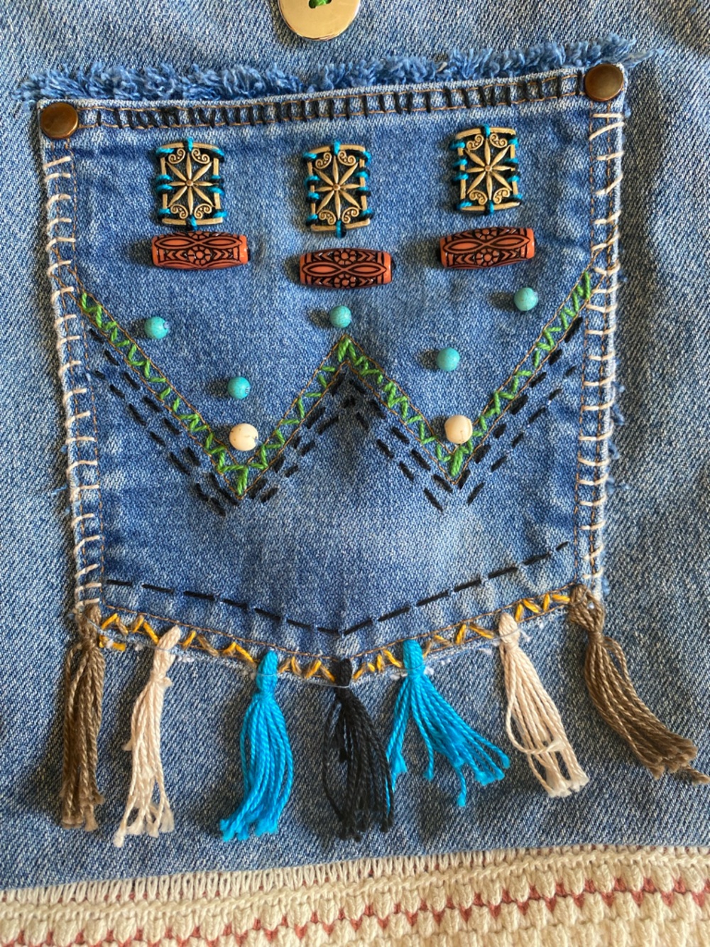Upcycled Boho Denim Tassel Crossbody Bag with Beads and Embroidery - Picture 3 of 13